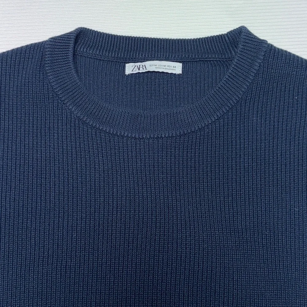 Zara Man Navy Blue Ribbed Short Sleeve Knit Crew‎ Neck Sweater Size Medium